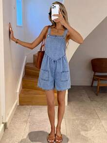 SHEIN LUNE 女款鈕扣百褶休閒日常外出牛仔吊帶短褲 - 黑色 - 查看 4