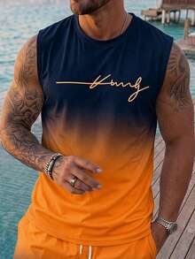 VIVINTIMO Conjunto de camiseta sin mangas con estampado de letras y pantalones cortos con cintura de cordón para hombre - Naranja - Ver 3