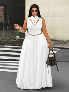 Mawevolt Summer White Design Hollow Lapel Slim Fit Sleeveless Top Pleated High Waist A-Line Long Skirt Plus Size 2 Pieces Set - White - View 4