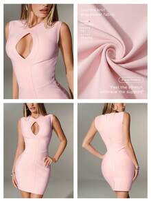 Nuvra 女士度假派对常规性感紧身无袖镂空绷带针织连衣裙 - 淺粉色 - 查看 4