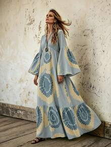 Hotletica Women's 3/4 Sleeve Placed Print Long Dress - Multicolor - View 1