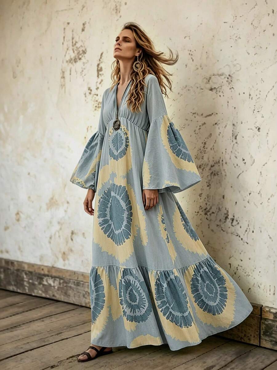 Hotletica Women's 3/4 Sleeve Placed Print Long Dress - Multicolor - View 1