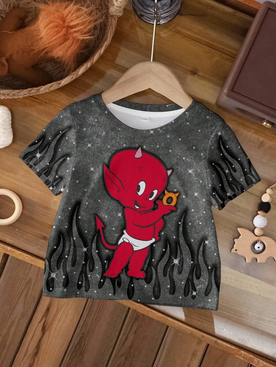 SHEIN HOT STUFF Tween Boy Cartoon Print Casual Daily Short Sleeve T-Shirt - White - View 1