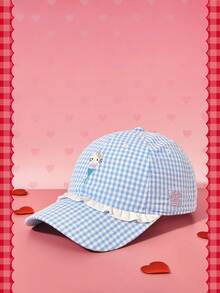 HELLO KITTY AND FRIENDS | SHEIN A Lady, Cute, Embroidered, Lace, Plaid Baseball Cap, Daily Outings - Blue - View 3