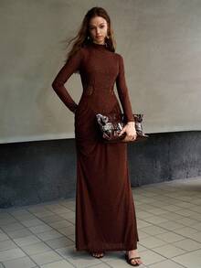 MOTF PREMIUM Vestido elegante de mujer con diseño plisado elástico y brillo para otoño, ajuste ceñido - Café integral - Ver 1