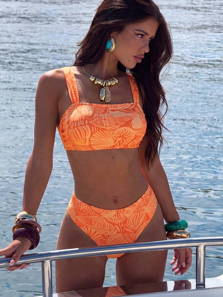 Swim Vcay 焦橙色貝殼側邊高腰比基尼泳褲肩帶兩件式比基尼套裝 女款海灘度假泳衣 夏季熱帶風 - 彩色 - 查看 1