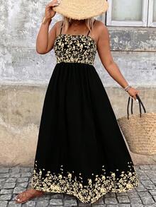 Breezaya Plus Size Spaghetti Strap Spaghetti Strap Print Vacation Dress - Black - View 1