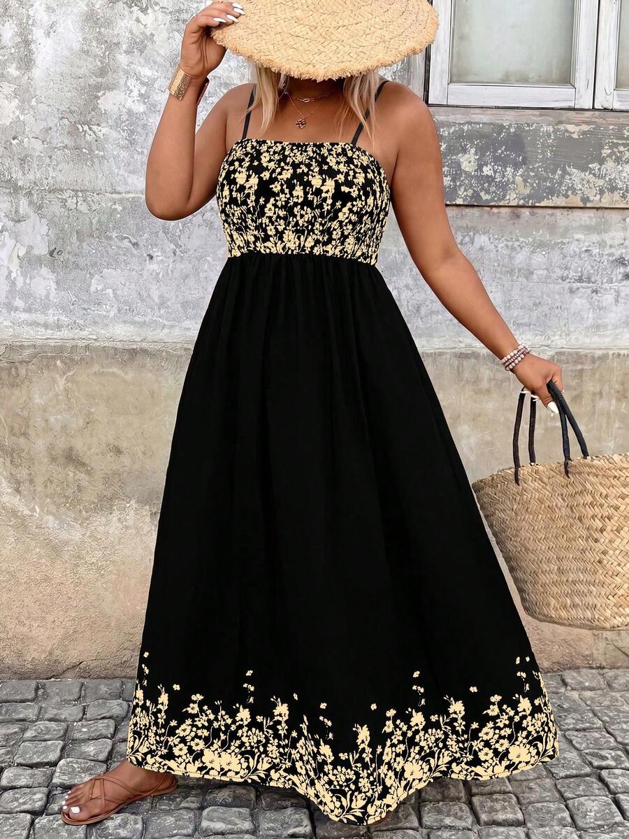 Breezaya Plus Size Spaghetti Strap Spaghetti Strap Print Vacation Dress - Black - View 1