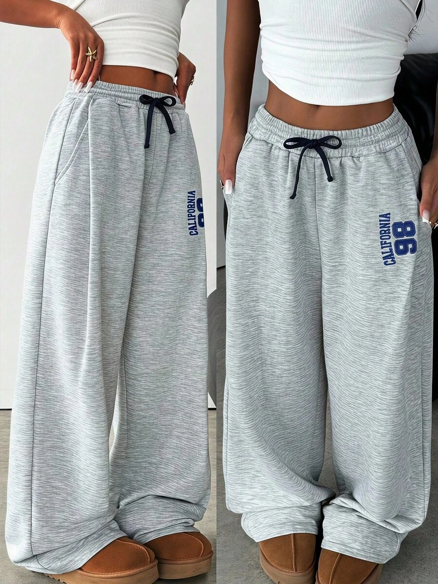 SHEIN Teen Girls Casual Sports Sweatpants, Heather Gray Colorblock With Exquisite Embroidered Number Pattern, Loose Fit - Grey - View 1