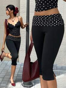 SHEIN Tall CURVE 大码女式黑色波点侧开衩修身休闲七分裤，女士休闲服饰 - 黑色 - 查看 1
