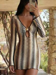 SHEIN Swim ملابس علوية نسائية شفافة مزينة بقطعة معدنية أمامية، قماش شبكي نسيج مثير، مناسبة للربيع والصيف - متعدد الألوان - مشاهدة 3