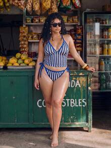 SHEIN Swim 2026新款復古天藍色比基尼兩件套 掛脖三角杯聚攏顯胸飾邊上衣 側綁帶比基尼褲 適合海灘家庭度假 - 藍白色 - 查看 6