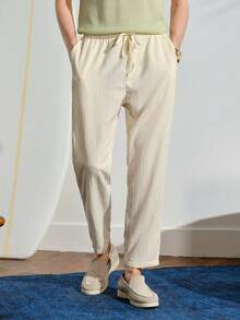 VeloEdit Pantalon décontracté ample à jambes droites en lin tissé de couleur unie pour hommes, style plage, détente et vacances - Nude - Voir 6