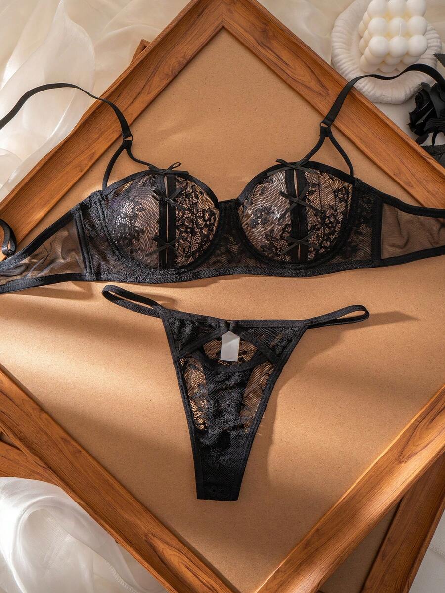 SHEIN 2 piezas Conjunto de sujetador con aros y parches de encaje cómodo para mujer - Negro - Ver 1