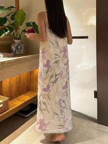 DAZY 花卉印花高開衩細肩帶洋裝 夏季女款睡裙 - 白色 - 查看 2