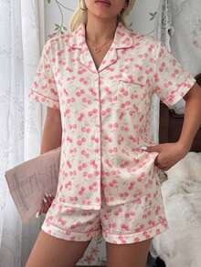 CottageSlumber Romantic Pink Cherry Print Lapel Pajama Set 2pcs - Multicolor - View 5