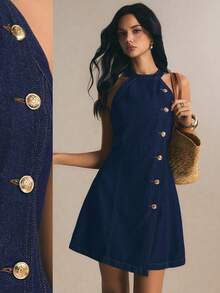 Poéselle Women's Autumn Casual Retro 70s Halter Neck Sleeveless Denim Dress, Commuter, Elegant, Date Everyday Brunch, Party, Navy Blue - Blue - View 9