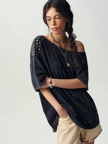 Bohemela Summer/Fall, Casual Black Knit Loose Washed Women's Tee With Studded Detail, Daily Wear, Concert Party & Going Out, Back To School - Black - View 5