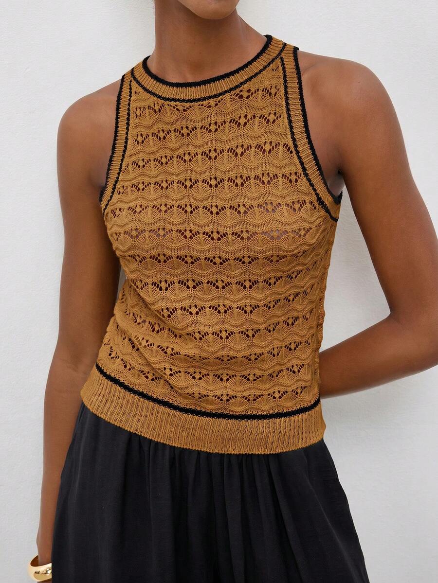 MAIJA Beach Backless Halter Neck Open Knit Crochet Knit Top - Yellow - View 1