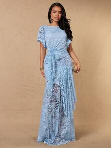Silquee Women's Elegant Casual Romantic Sweet Lace Sheer Pleated Waist Dress Blue Floral Long Birthday Night Wedding Guest Garden Party Holiday Summer - Blue - View 5