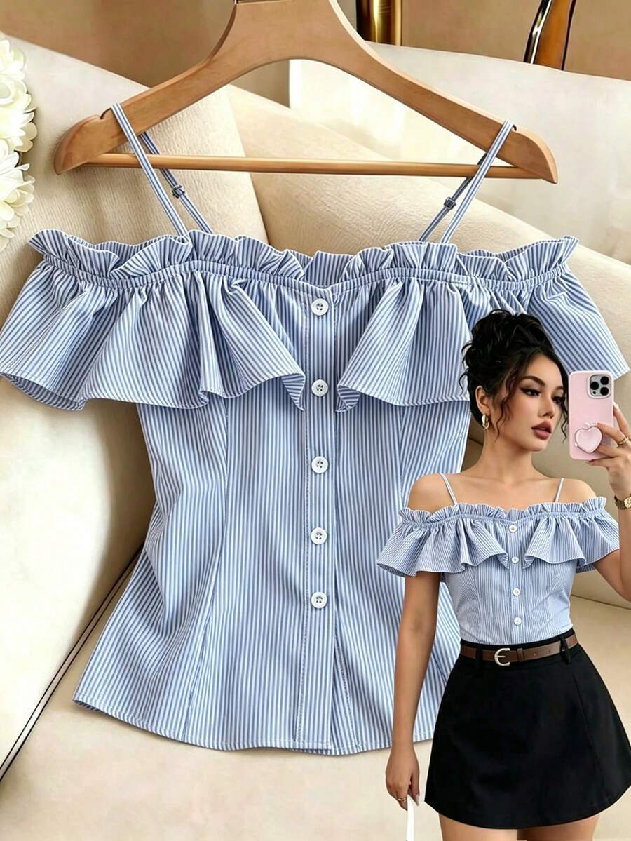 Elenzga Women's Patchwork Ruffle Stripe Button Design Cold-Shoulder Top - Blue - View 1