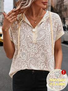 SHEIN LUNE Camiseta con capucha de verano casual para mujer con estampado de encaje falso - Albaricoque - Ver 6