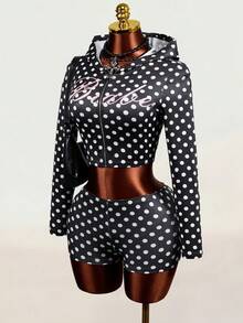 Mistrie Polka Dot Print Cropped Hoodie & Shorts 2 Pieces Set - Multicolor - View 4
