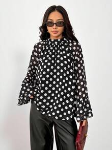 SHEIN PETITE Women's Black And White Polka Dot Blouse With Wide Ruffled Sleeves Lace Details - Elegant Retro Long Sleeve Top For Autumn Business Casual Wear Office - Black and White - View 2