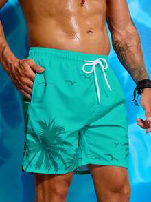 Manfinity KASUA Men's Vacation Drawstring Waist Palm Tree Print Beach Shorts - Mint Blue - View 4