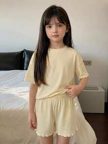 Hapijoa Crew Neck Pullover T-Shirt And Shorts Set For Young Girls, Spring/Summer Home Wear - Yellow - View 6