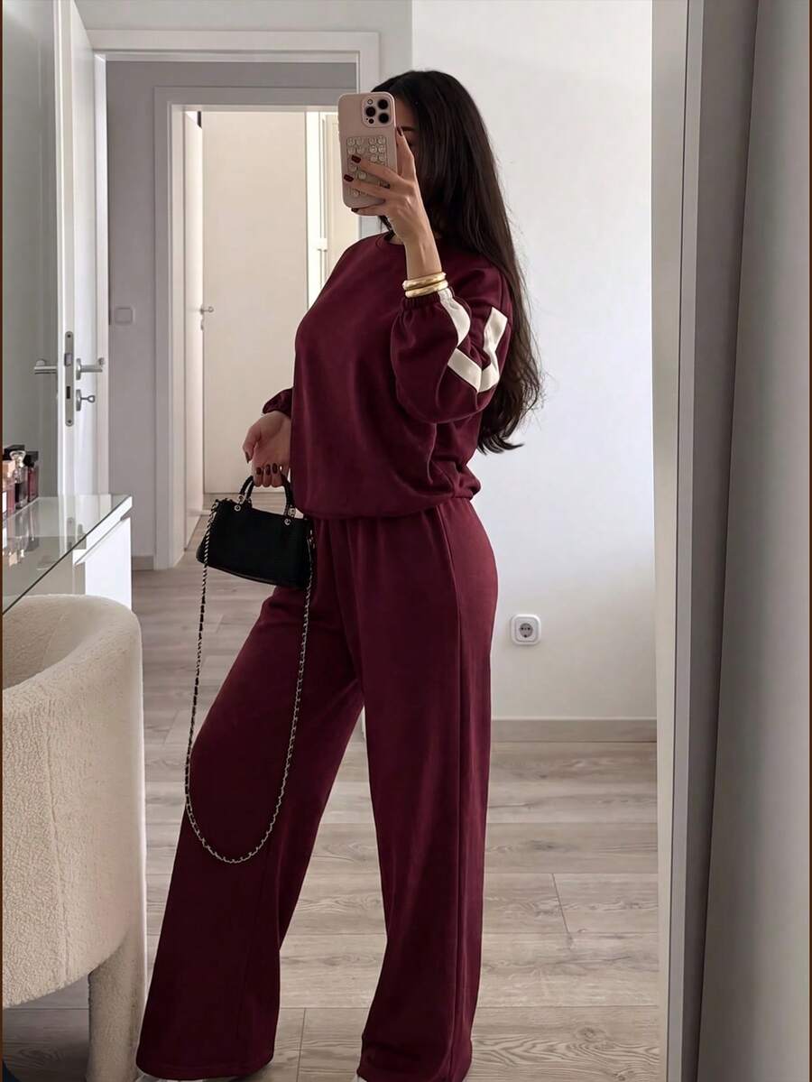 SHEIN LUNE Plus Size Women's Autumn/Winter Woven Tape Patchwork Drop Shoulder Colorblock Sweatshirt & Sweatpants Casual Commute Set - Burgundy - View 1