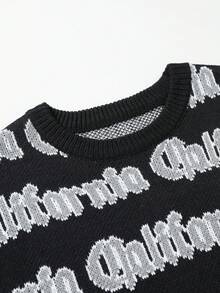 Manfinity Roughcore Sweater Lengan Panjang Leher Bulat Jacquard Serbaguna untuk Pria, Cocok untuk Pakaian Sehari-hari, Liburan, Musim Dingin, Gaya Jalanan, Kumpul Bersama Teman, Hadiah untuk Pacar, Gaya Y2K - Hitam - View 7