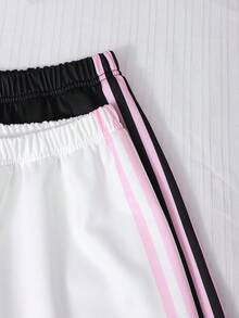 SHEIN 青少年女孩條紋拼色寬腿直筒休閒長褲 2件/套 - 黑與白 - 查看 4