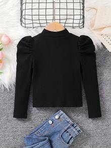 Emery Rose Kids Emery Rose Kids 女童純色針織立領羊腿袖休閒T恤冬款上衣 - 黑色 - 查看 2