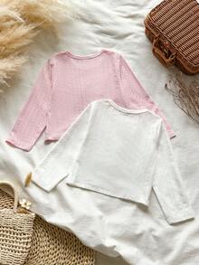 SHEIN Vintaside Kids 2件組少女純色長袖針織開襟衫，簡約風格，適合春夏休閒日常穿著 - 彩色 - 查看 2