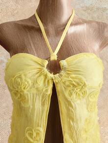 Allurite Women's Summer Beach Vacation Style Jacquard Knotted Halter Top - Light Yellow - View 4