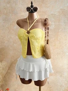 Allurite Women's Summer Beach Vacation Style Jacquard Knotted Halter Top - Light Yellow - View 5
