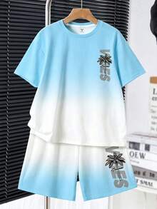 SHEIN 兒童青少年男孩休閒舒適時尚簡約圓領短袖T恤與短褲套裝 - 彩色 - 查看 2