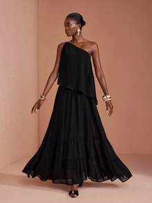 JIAN LASALA Black Chiffon One Shoulder Ruffle Hem Uneven Sleeveless Long Dress Party Vacation - Black - View 5