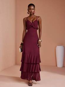 JIAN LASALA Red Mesh Adjustable Strap Sleeveless Ruffle Double Layers Long Dress Vacation Party Elegant - Burgundy - View 1