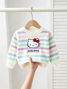 HELLO KITTY AND FRIENDS | SHEIN GraphicGems 女嬰圓領 3D 毛巾刺繡彩虹條紋套頭針織毛衣，柔軟舒適全幅提花印花，簡約可愛優雅長袖紅色上衣，適合秋冬旅行、外出、派對、戶外玩耍 - 彩色 - 查看 3