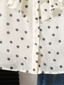 SHEIN Tween女孩純色黑白波點優雅可愛精緻復古風立領荷葉邊鈕扣喇叭袖襯衫校園秋季 - 彩色 - 查看 3