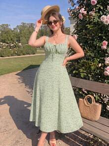 SHEIN MOD Plus Size Ditsy Floral Print Tie Front Ruched Bust Valentine Day Green Cami Dress,Summer Dresses For Women,Tea Party Dress,Pastel Dresses For Women - Green - View 1