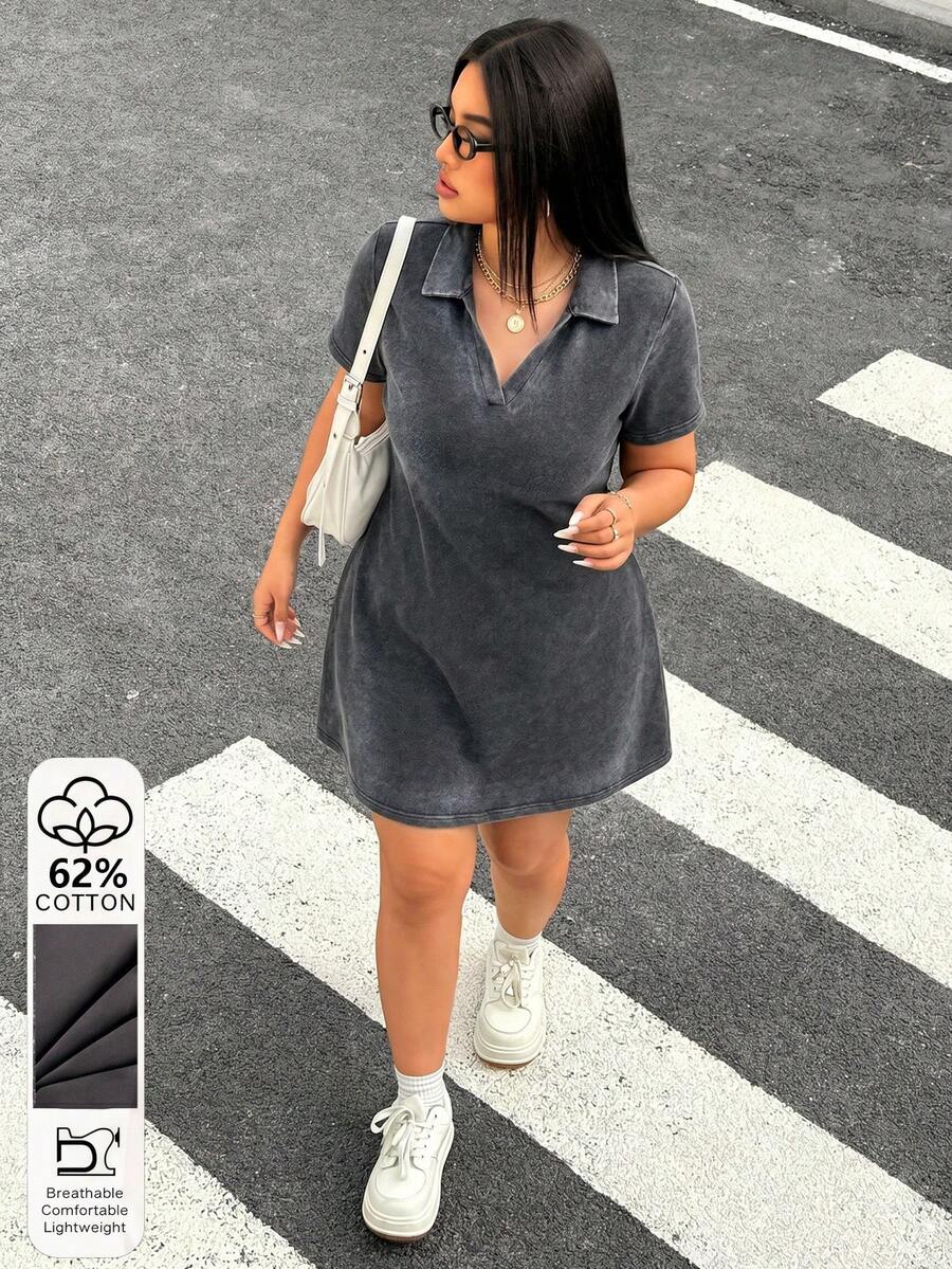 Muchica 大尺碼夏季休閒短袖洋裝 - 深灰色 - 查看 1