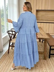 SHEIN CURVE+ 休閒優雅波希米亞風簡約藍白大尺碼洋裝 22W 度假商務款 2026 夏季秋冬 早午餐早晨穿搭 - 藍色 - 查看 10
