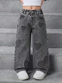 SHEIN 女童/幼童時尚雪花水洗做舊刺繡喇叭褲 - 灰色 - 查看 1