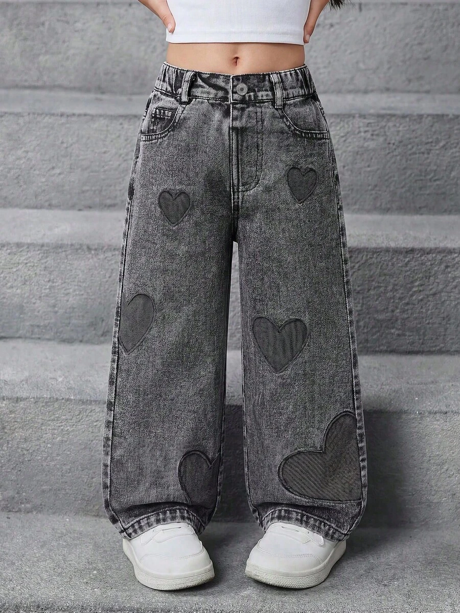 SHEIN 女童/幼童時尚雪花水洗做舊刺繡喇叭褲 - 灰色 - 查看 1