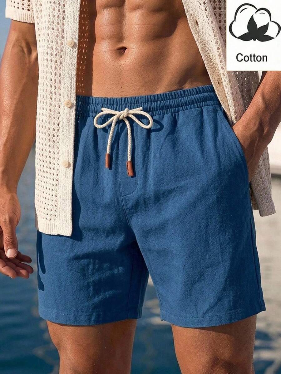 HIMLAND Men's Solid Color Drawstring Waist Pocket Casual Shorts - Navy Blue - View 1