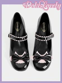 Dola Lovely Zapatos Mary Jane para mujer en negro y rosa con hechizo, punta redonda, lazo, hebilla de encaje, estilo dulce y fresco, tacones altos. - Charol negro - Ver 2