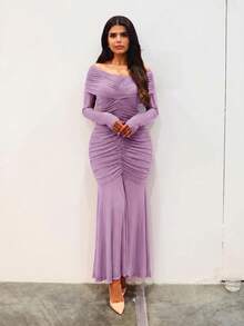 Hindelle Women's Elegant Solid Color Off-The-Shoulder Ruched Dress - Dusty Purple - View 5